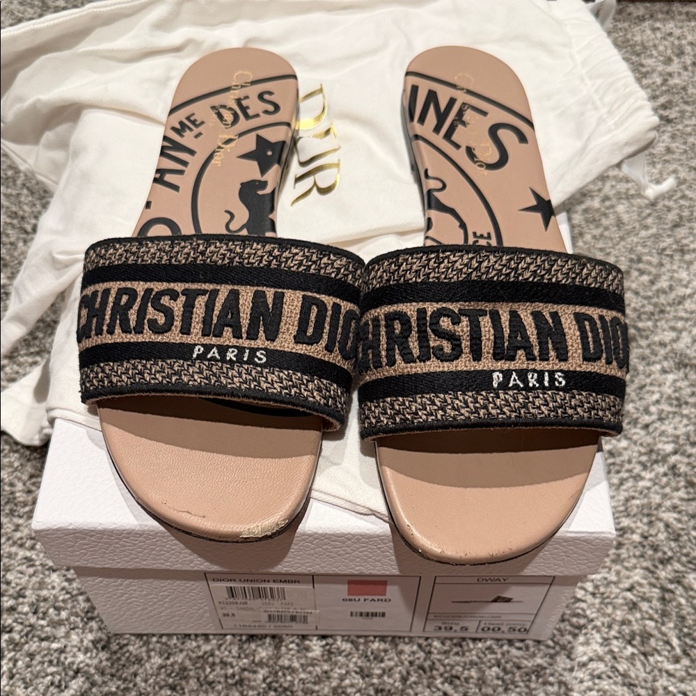 Christian Dior Black and Tan Slide Sandals SZ 39 1/2